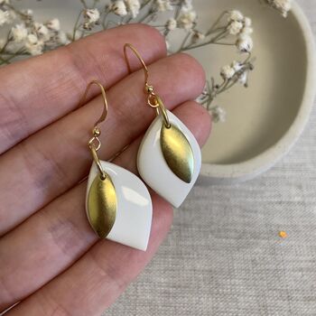 White Ceramic Leaf Earrings Gold Plated, 4 of 7