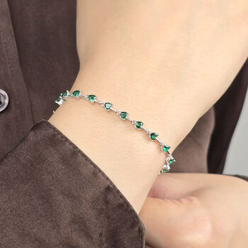 Emerald May Birthstone Heart Tennis Silver Bracelet, 3 of 4