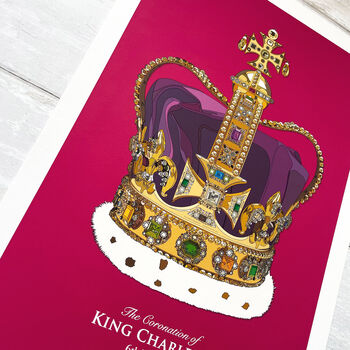 King Charles Coronation Crown Magenta Art Print, 5 of 8