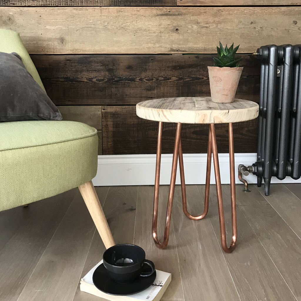 Reclaimed Stool Side Table With Copper Hairpin Legs, 1 of 4