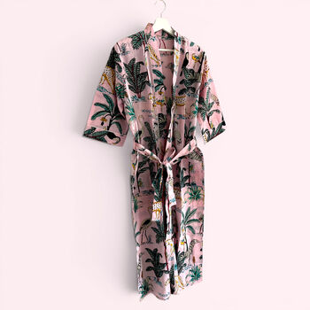 Jungle Print 100% Cotton Dressing Gown In Pale Pink, 4 of 7