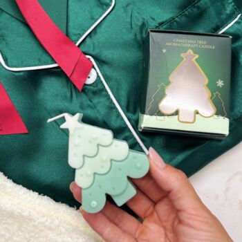 Luxury Christmas Pyjama Gift Set For Her – Festive Green Satin Pjs, Candle, Socks And Hair Bow, 4 of 9