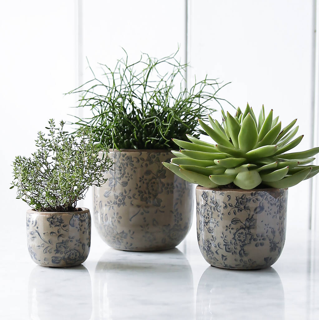 Grey And Blue Round Floral Pot