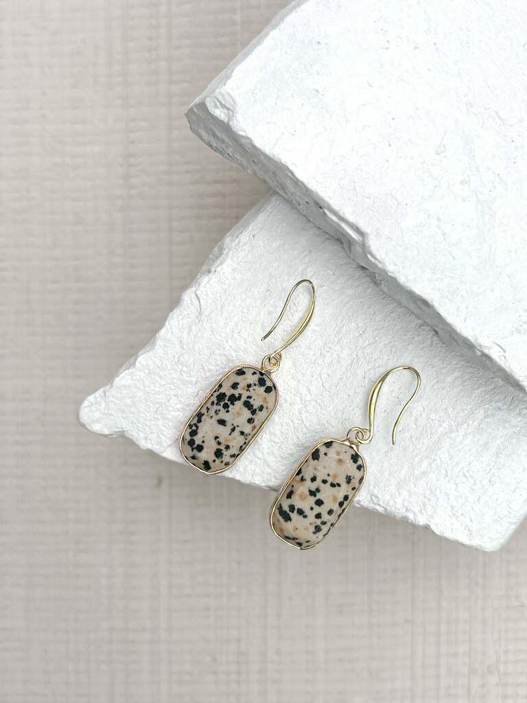 Dalmatian Jasper Rectangle Drop Real 18k Gold Plated Earrings, 1 of 3