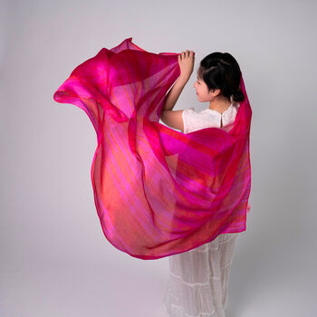 100% Mulberry Silk Scarf, Hot Pink With Red Stripes In Gift Box, 2 of 10