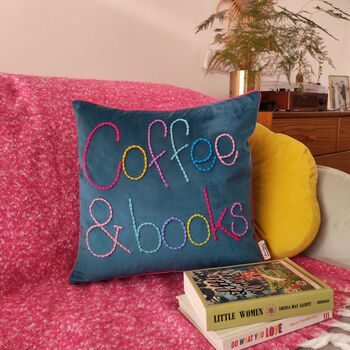 Coffee And Books Colourful Embroidered Cushion, 3 of 4
