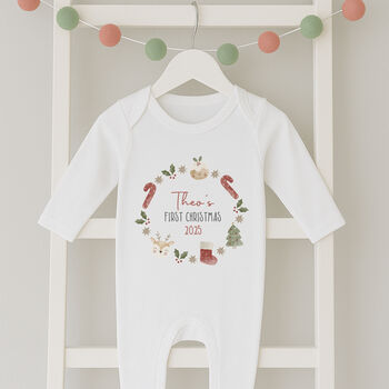 Personalised First Christmas Bodysuit / Babygrow Wreath, 3 of 7