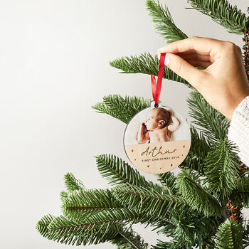 Personalised Baby's First Christmas Wooden Photo Bauble, 2 of 3