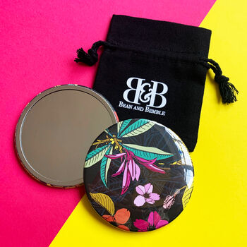Black Floral Compact Mirror With Cotton Pouch, 2 of 9