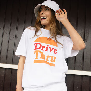 Drive Thru Women’s Slogan T Shirt With Burger Graphic, 2 of 3