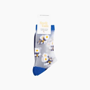 Bees Flowers Combed Cotton Sheer Pop Socks In Blue, 4 of 4
