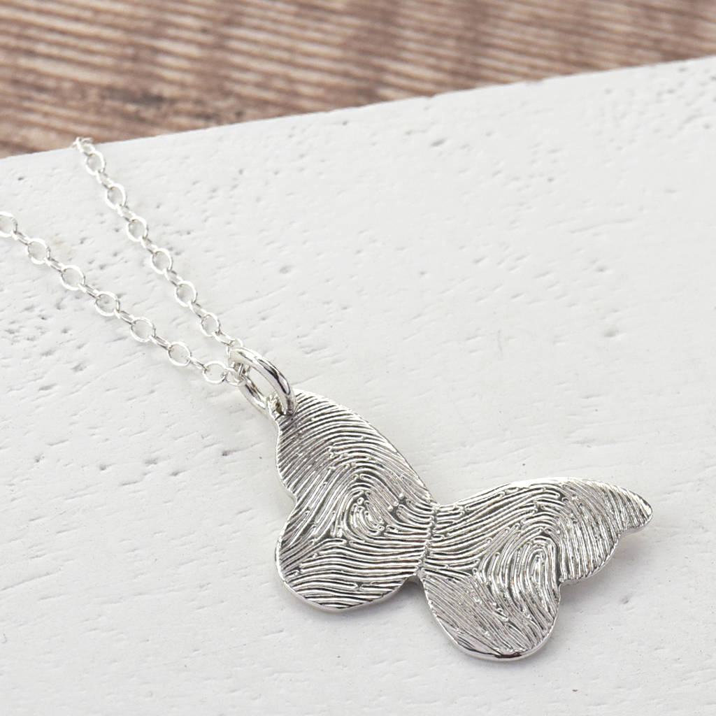 silver fingerprint butterfly necklace by hold upon heart