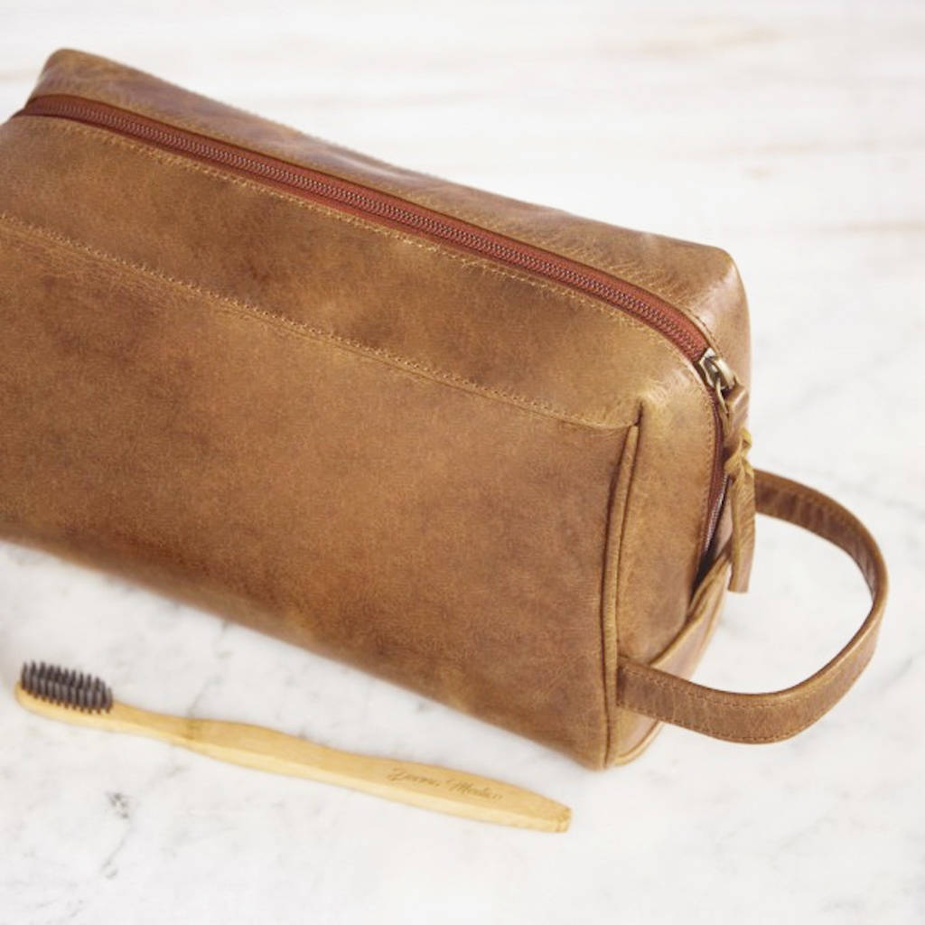 Personalised Tan Leather Wash Bag By Idyll Home