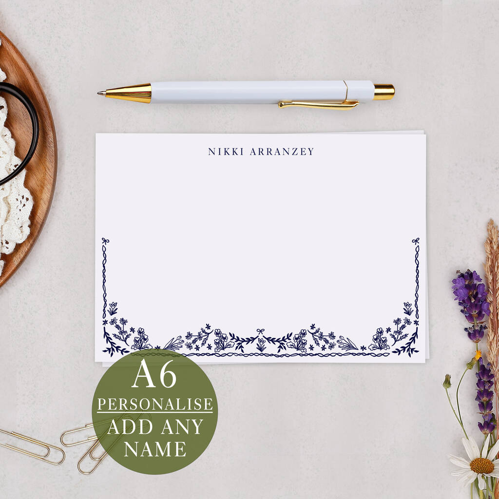 Personalised Navy Blue Floral Note Cards A6 Notecard Set, 1 of 5