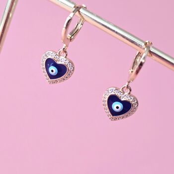Blue Heart Evil Eye Huggies Earrings, 2 of 3