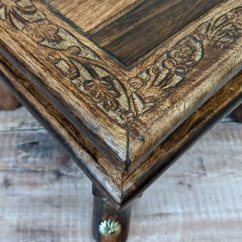 Wooden Gift For Mum; Farmhouse Indian Floral Carved Foot Stool / Low Table, 2 of 6