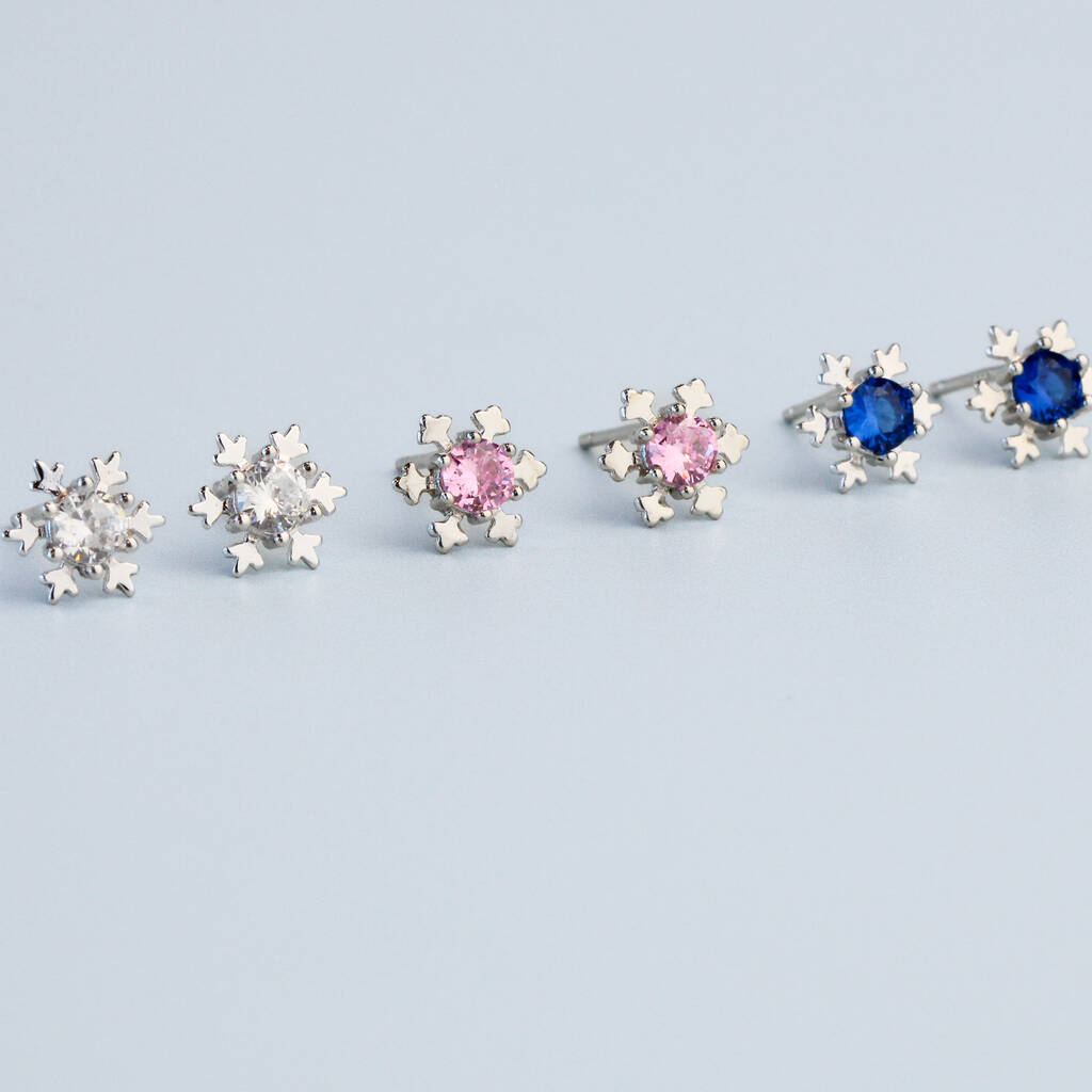 Sterling Silver Pink, Blue Or White Crystal Snowflake Stud Earrings, 1 of 5