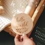 Wooden Baby Announcement Hello World Engraved Sign, thumbnail 1 of 9