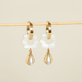18 K Gold Plated Hoop Earrings With Flower And Pearl Drop, 7 of 11