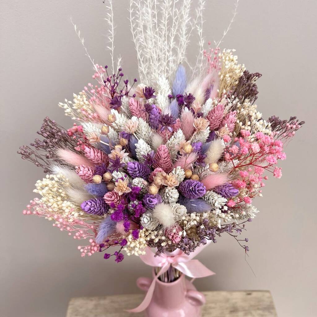 Pink And Purple Dried Flower Bouquet With Gypsophila, 1 of 5