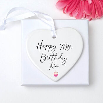 70th Birthday Modern Script Cupcake Heart Ornament, 2 of 2