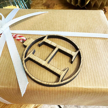 Personalised Oak Veneer Initial Christmas Bauble Gift Wrapping, 3 of 5