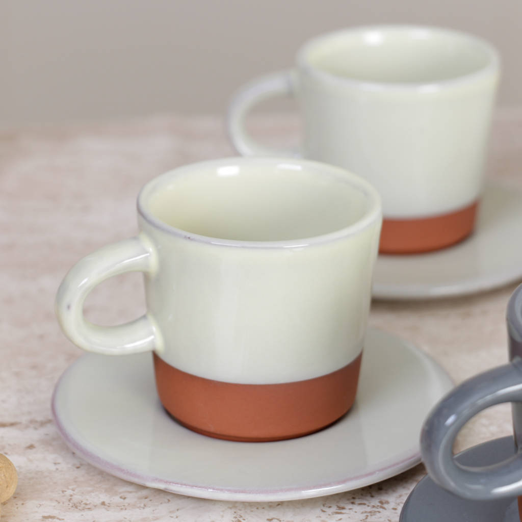 Six Terracotta Coffee Mugs And Saucers By Dibor