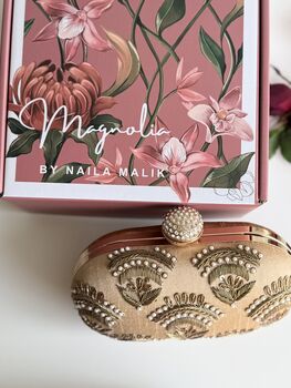 Valeria Gold Embroidered Embellished Oval Clutch Bag, 2 of 8