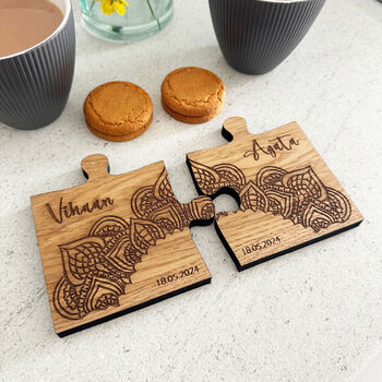 Oak Veneer Personalised Jigsaw Coasters Hindu Design, 3 of 7