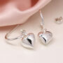 Sterling Silver Half Hoop Earrings With Heart Charm, thumbnail 2 of 10