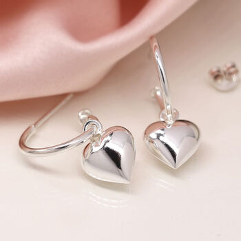 Sterling Silver Half Hoop Earrings With Heart Charm, 2 of 10