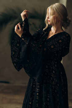 Black Lace Wedding Dress With Bell Sleeves And Train, 11 of 12