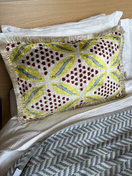 Modern, Oblong, Velvet, Ikat, Cushion With Cream Silk Tassels Blue, Yellow, Burgundy And Cream Abstract Design, 4 of 8