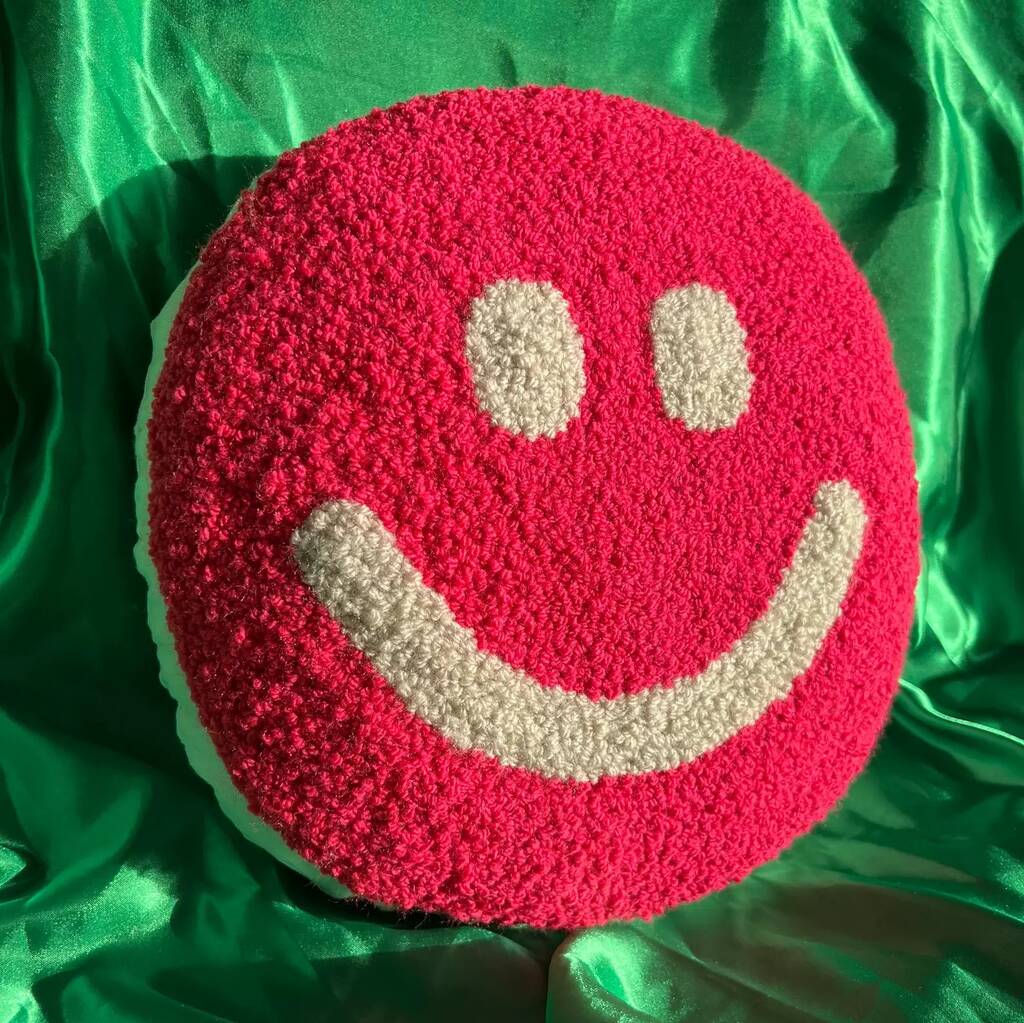 Raspberry Pink Smiley Punch Needle Cushion, 1 of 3