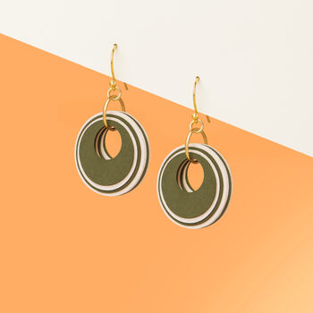 Khaki And Cream Circular Earrings • Gold Plated Sterling Silver Hooks, 5 of 9