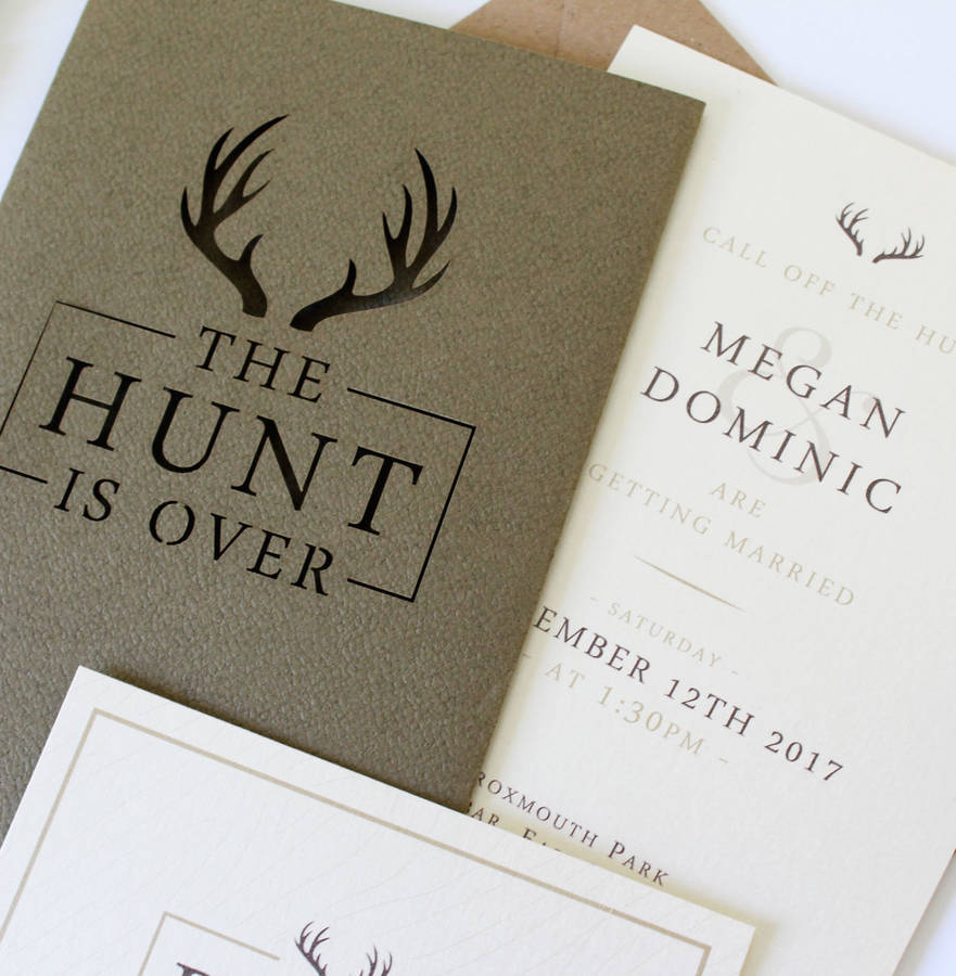 'the hunt is over' stag pocket wedding invitation suite by