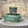 Handmade Porcelain Espresso Cup And Saucer Green Glaze With Sculptural Details, thumbnail 2 of 7