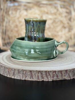 Handmade Porcelain Espresso Cup And Saucer Green Glaze With Sculptural Details, 2 of 7