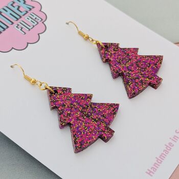 Red Wine / Hot Pink And Gold Glitter Christmas Tree Earrings Small And Large, 3 of 9