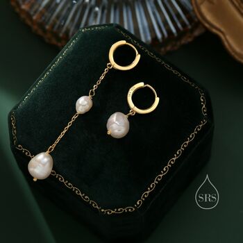 Asymmetric Baroque Pearl Huggie Hoop Earrings, 6 of 11