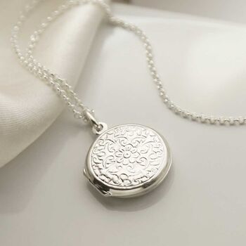 Sterling Silver Floral Round Locket Necklace, 3 of 8