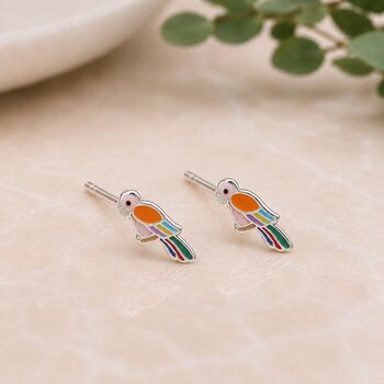 Sterling Silver Enamel Parrot Stud Earrings, 2 of 5