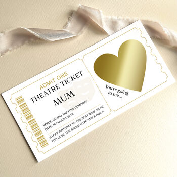 Personalised Theatre Ticket Scratch Card: Theatre Masks And Gold Heart Design, 5 of 7