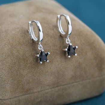 Sterling Silver Black Cz Star Huggie Hoop Earrings, 7 of 12