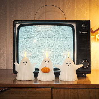 Set Of Three Halloween Ghost Tru Glow Pillar Candles, 2 of 4