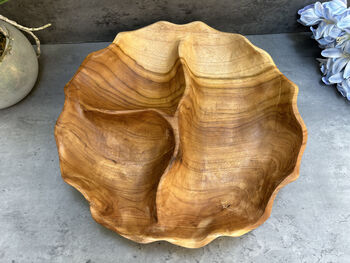 30cm Handcrafted Teak Wooden Triple Fruit Nuts Bowl, 8 of 12