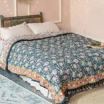 Handcrafted Floral Cotton Bedspread Boho Quilt, 8 of 8