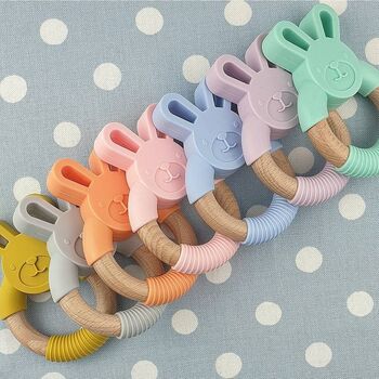 Bunny Teether Personalised Silicone And Wood, 3 of 10