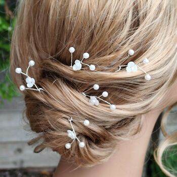 Set Of Five Pearl Flower Bridal Hair Pins, 2 of 12