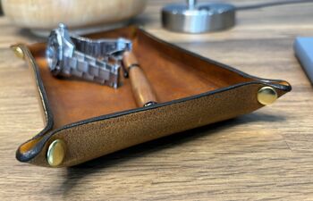 Personalised Rectangle Burnt Tan Leather Desk Tray, 2 of 12